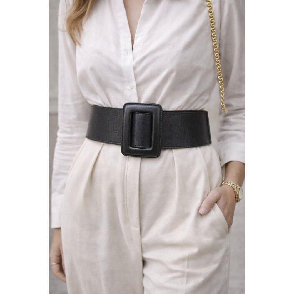 ZAPA Paris Wide Black Leather Waist Belt 100% Calfskin Size T1 Made in France